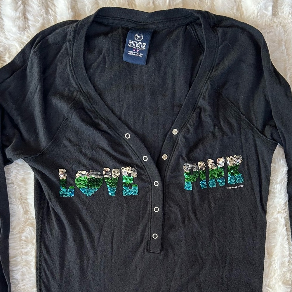 Y2K Vintage VS Pink Henley Sequin Bling Bedazzled